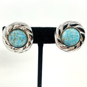 VINTAGE GAY BOYER Turquoise Clip Earrings Silver Tone Signed Cabochon Round 80s
